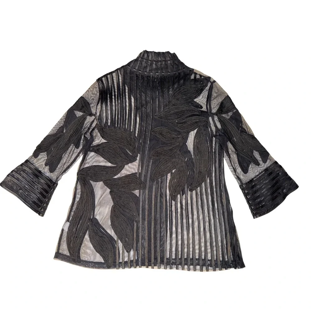 DAMEE Two Tone Soutache Women's Black Sheer Lace Leaf Button Front Jacket Size L